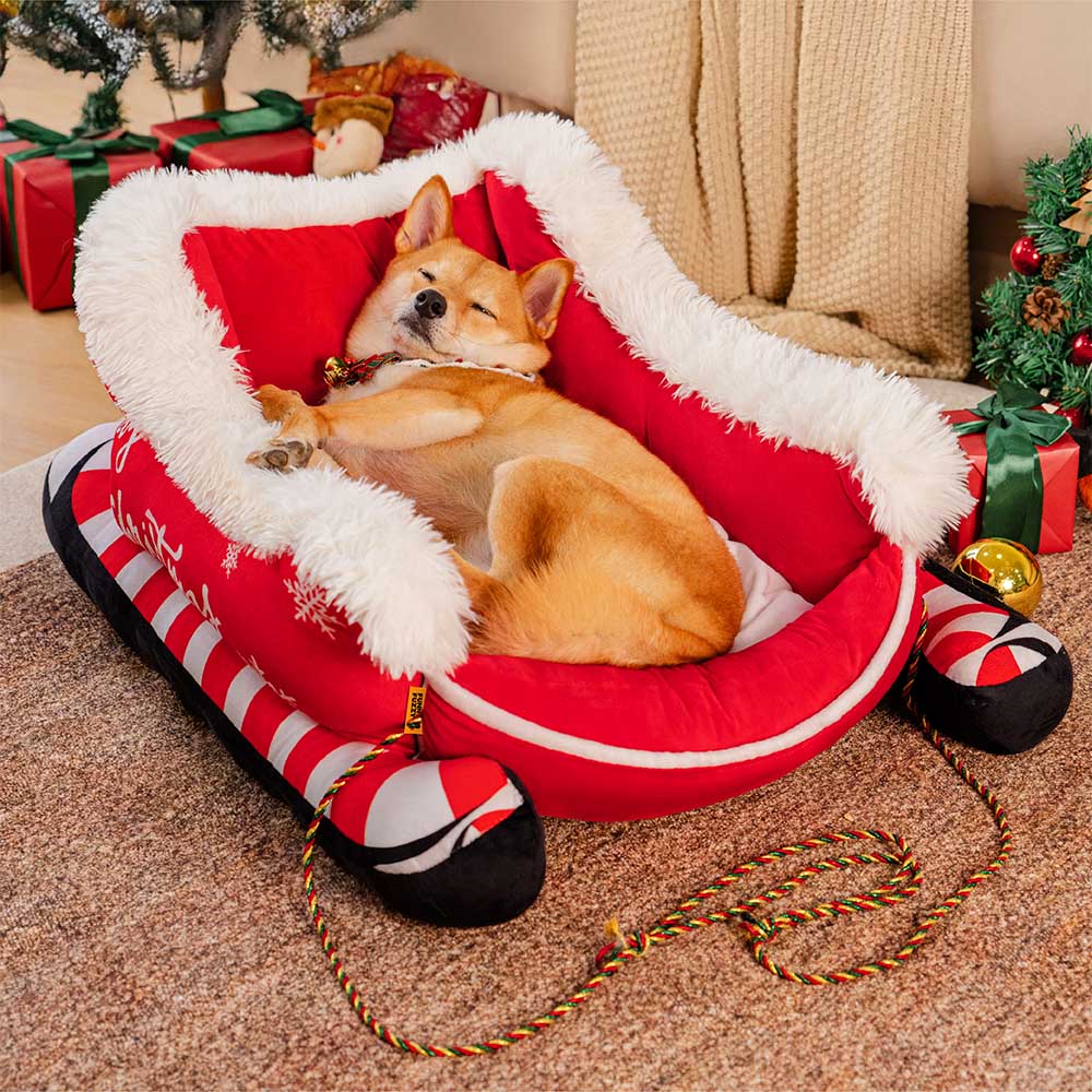 Festive Plush Cozy Dog Bed - Christmas Sleigh