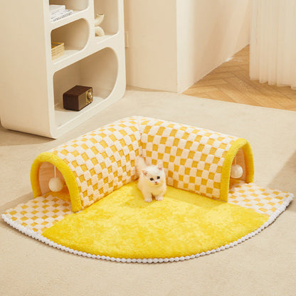 2-in-1 Funny Plush Plaid Pet Tunnel Bed Cat Dog Bed