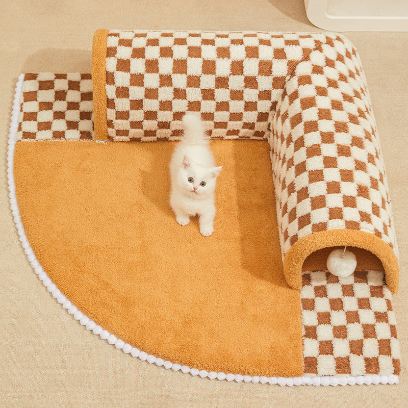 2-in-1 Funny Plush Plaid Pet Tunnel Bed Cat Dog Bed