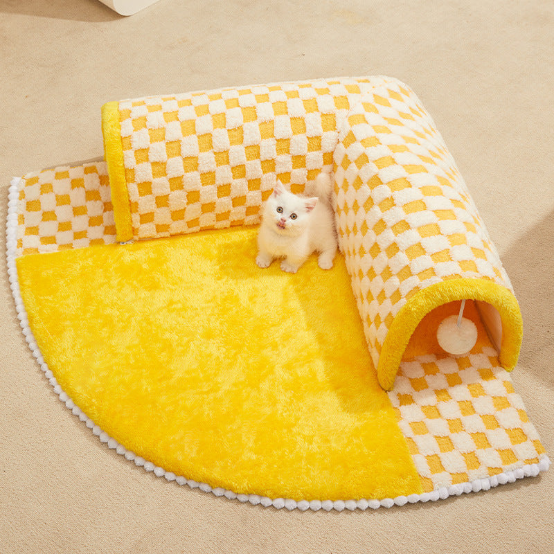 2-in-1 Funny Plush Plaid Pet Tunnel Bed Cat Dog Bed