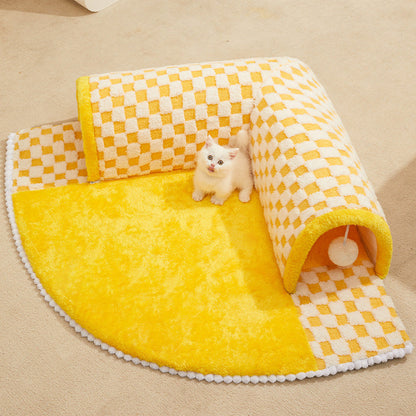 2-in-1 Funny Plush Plaid Pet Tunnel Bed Cat Dog Bed