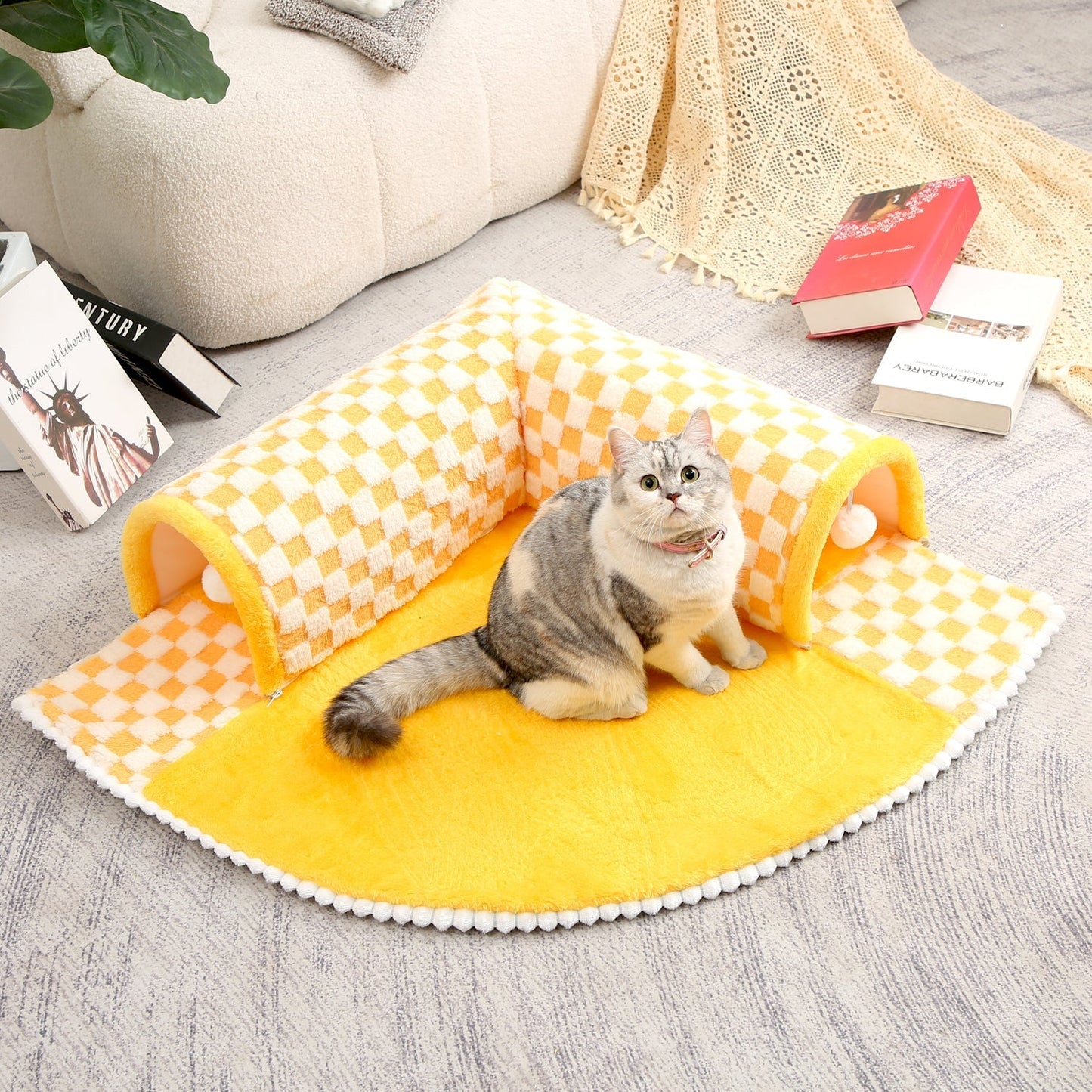 2-in-1 Funny Plush Plaid Pet Tunnel Bed Cat Dog Bed