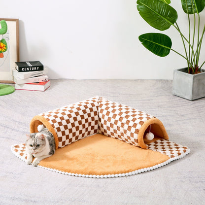 2-in-1 Funny Plush Plaid Pet Tunnel Bed Cat Dog Bed