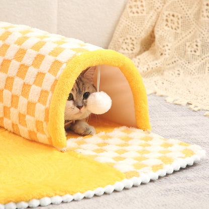 2-in-1 Funny Plush Plaid Pet Tunnel Bed Cat Dog Bed