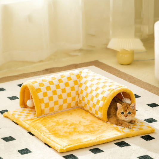 2-in-1 Funny Plush Plaid Pet Tunnel Bed Square Cat Dog Bed